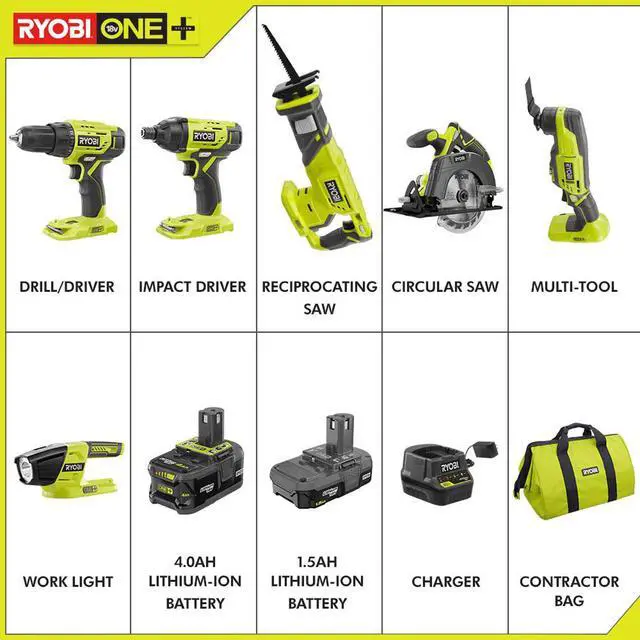 Alt view image 2 of 6 - P1819 18V One+ Lithium Ion Combo Kit (6 Tools: Drill/Driver, Impact Driver, Reciprocating Saw, Circular Saw, Multi-Tool, LED Worklight, 4.0 Ah & 1.5 Ah Battery, Charger, Bag)