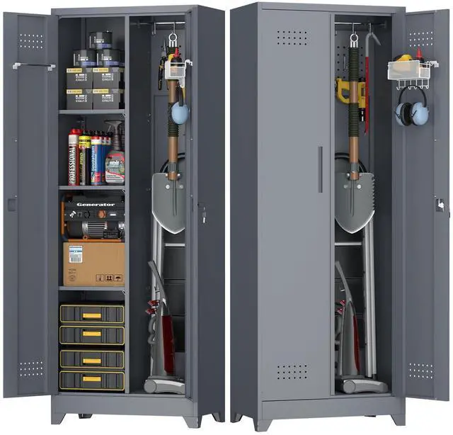 Main image of Broom Closet Storage Cabinet, Steel Locking Cabinet with Hanging Rod, 65" Cleaning Storage with Doors and Hooks, Tall Broom Tool Cabinets for Office, Garage