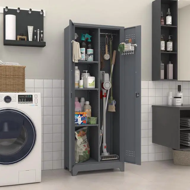 Alt view image 2 of 6 - Broom Closet Storage Cabinet, Steel Locking Cabinet with Hanging Rod, 65" Cleaning Storage with Doors and Hooks, Tall Broom Tool Cabinets for Office, Garage