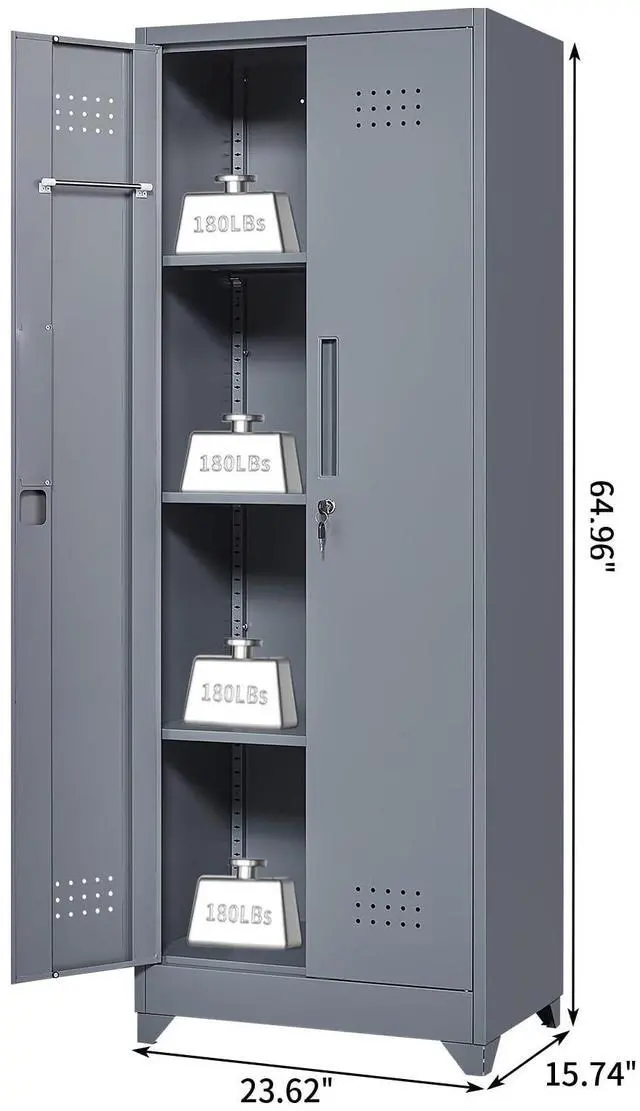 Alt view image 3 of 6 - Broom Closet Storage Cabinet, Steel Locking Cabinet with Hanging Rod, 65" Cleaning Storage with Doors and Hooks, Tall Broom Tool Cabinets for Office, Garage