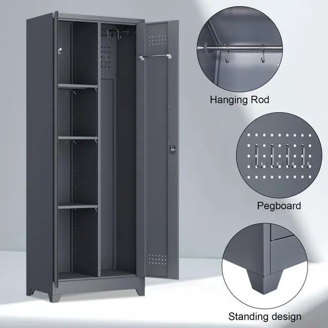 Alt view image 4 of 6 - Broom Closet Storage Cabinet, Steel Locking Cabinet with Hanging Rod, 65" Cleaning Storage with Doors and Hooks, Tall Broom Tool Cabinets for Office, Garage
