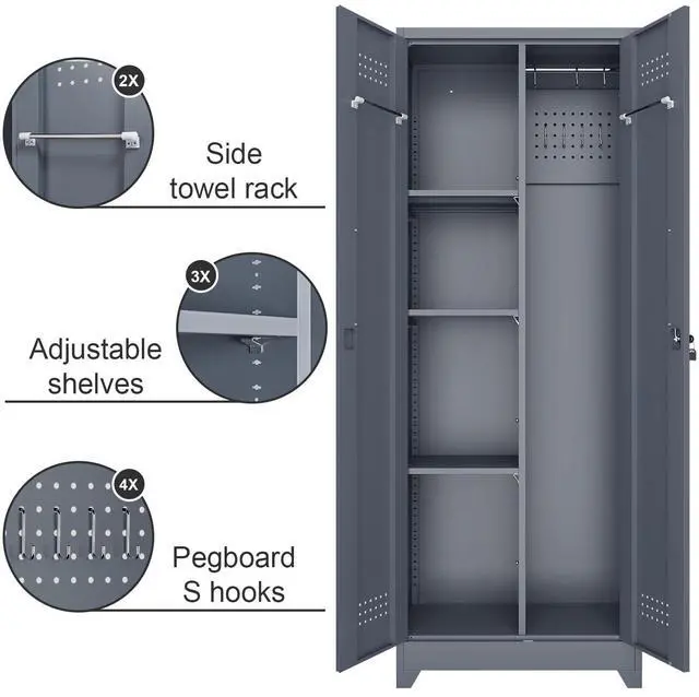 Alt view image 5 of 6 - Broom Closet Storage Cabinet, Steel Locking Cabinet with Hanging Rod, 65" Cleaning Storage with Doors and Hooks, Tall Broom Tool Cabinets for Office, Garage