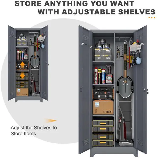 Alt view image 6 of 6 - Broom Closet Storage Cabinet, Steel Locking Cabinet with Hanging Rod, 65" Cleaning Storage with Doors and Hooks, Tall Broom Tool Cabinets for Office, Garage