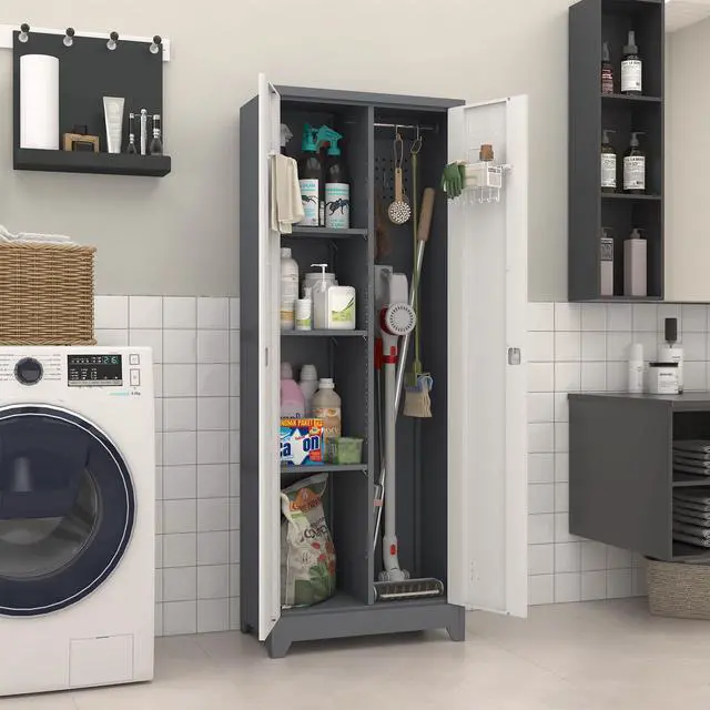 Alt view image 2 of 6 - Broom Storage Cabinet, Metal Utility Storage Cabinet with Hanging Rail, 65" Tall Cleaning Tool Organizer with Shelves and Doors, Cleaning Storage for Home, Garage, Office, Balcony