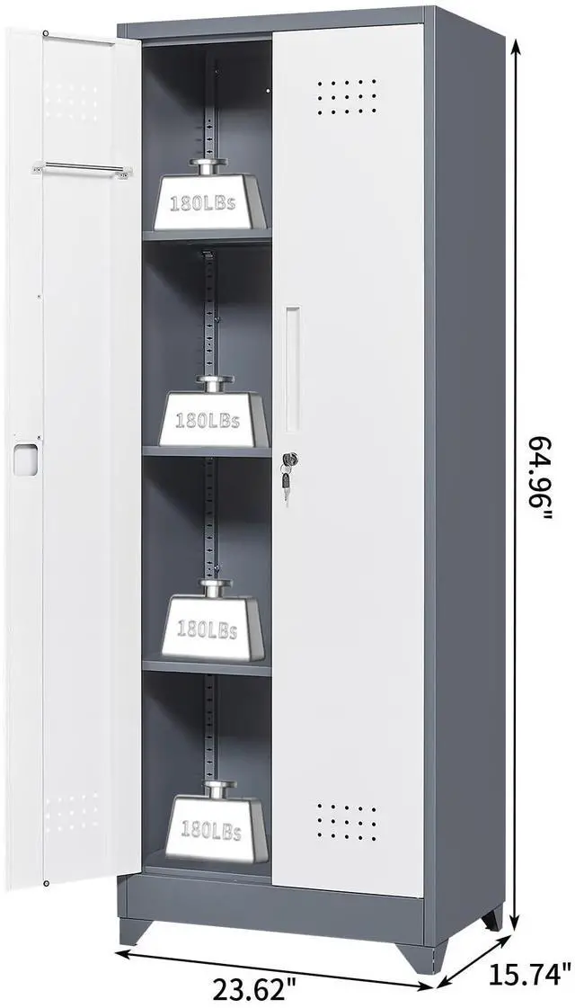 Alt view image 3 of 6 - Broom Storage Cabinet, Metal Utility Storage Cabinet with Hanging Rail, 65" Tall Cleaning Tool Organizer with Shelves and Doors, Cleaning Storage for Home, Garage, Office, Balcony