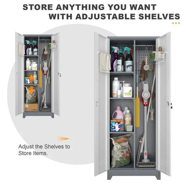 Alt view image 4 of 6 - Broom Storage Cabinet, Metal Utility Storage Cabinet with Hanging Rail, 65" Tall Cleaning Tool Organizer with Shelves and Doors, Cleaning Storage for Home, Garage, Office, Balcony