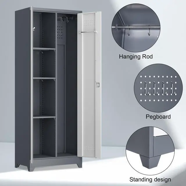 Alt view image 5 of 6 - Broom Storage Cabinet, Metal Utility Storage Cabinet with Hanging Rail, 65" Tall Cleaning Tool Organizer with Shelves and Doors, Cleaning Storage for Home, Garage, Office, Balcony