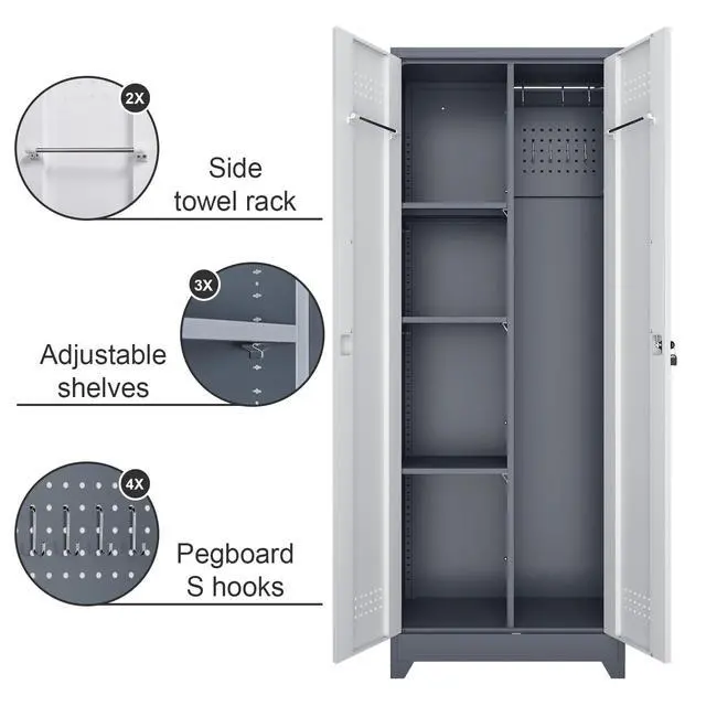 Alt view image 6 of 6 - Broom Storage Cabinet, Metal Utility Storage Cabinet with Hanging Rail, 65" Tall Cleaning Tool Organizer with Shelves and Doors, Cleaning Storage for Home, Garage, Office, Balcony