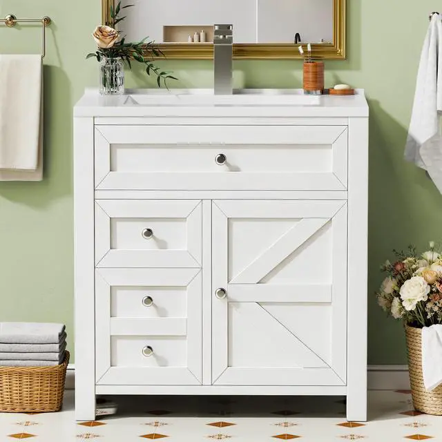 Main image of 30" Bathroom Vanity with Sink, Bathroom Storage Vanity Sink Cabinet with 2 Doors & 1 Drawer Space, Farmhouse Wooden Free Standing Bathroom Cabinet with Sink Combo, Easy Assembly (White)