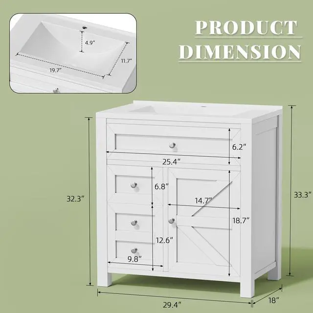 Alt view image 2 of 6 - 30" Bathroom Vanity with Sink, Bathroom Storage Vanity Sink Cabinet with 2 Doors & 1 Drawer Space, Farmhouse Wooden Free Standing Bathroom Cabinet with Sink Combo, Easy Assembly (White)
