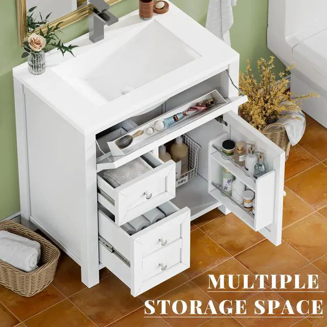 Alt view image 3 of 6 - 30" Bathroom Vanity with Sink, Bathroom Storage Vanity Sink Cabinet with 2 Doors & 1 Drawer Space, Farmhouse Wooden Free Standing Bathroom Cabinet with Sink Combo, Easy Assembly (White)