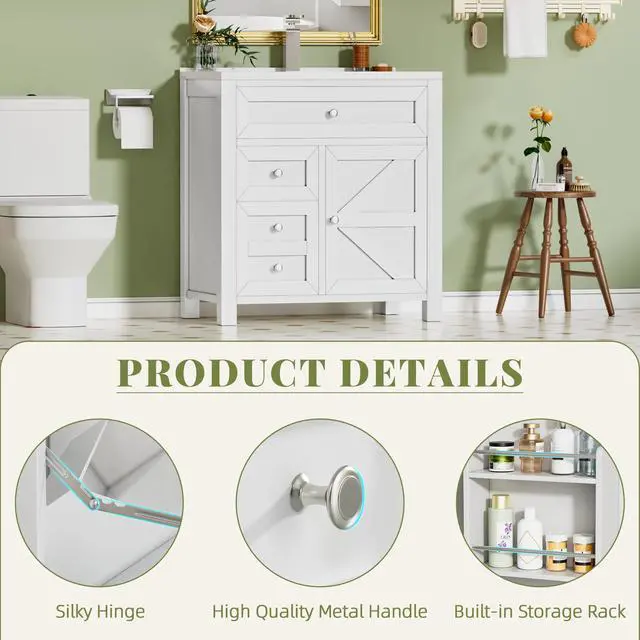 Alt view image 4 of 6 - 30" Bathroom Vanity with Sink, Bathroom Storage Vanity Sink Cabinet with 2 Doors & 1 Drawer Space, Farmhouse Wooden Free Standing Bathroom Cabinet with Sink Combo, Easy Assembly (White)