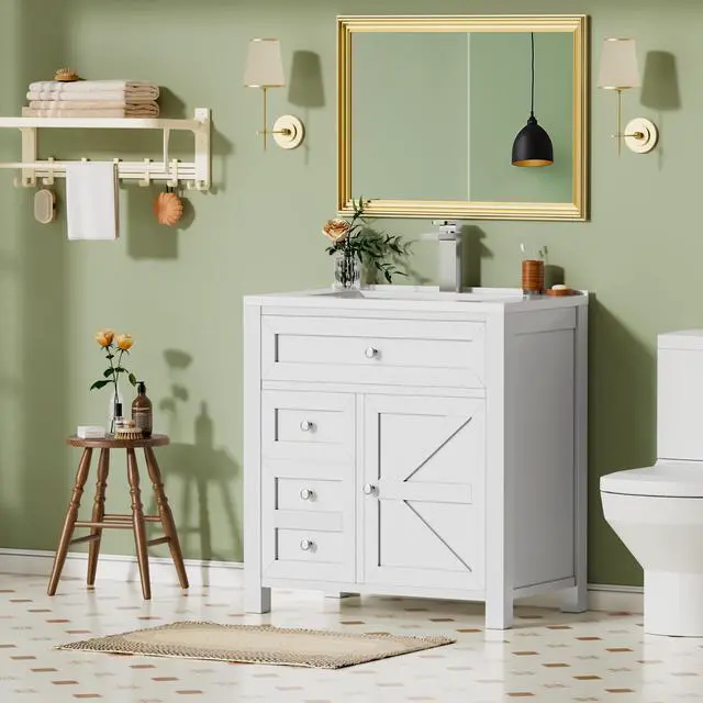 Alt view image 5 of 6 - 30" Bathroom Vanity with Sink, Bathroom Storage Vanity Sink Cabinet with 2 Doors & 1 Drawer Space, Farmhouse Wooden Free Standing Bathroom Cabinet with Sink Combo, Easy Assembly (White)