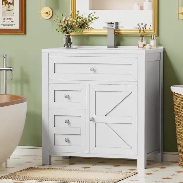 Alt view image 6 of 6 - 30" Bathroom Vanity with Sink, Bathroom Storage Vanity Sink Cabinet with 2 Doors & 1 Drawer Space, Farmhouse Wooden Free Standing Bathroom Cabinet with Sink Combo, Easy Assembly (White)