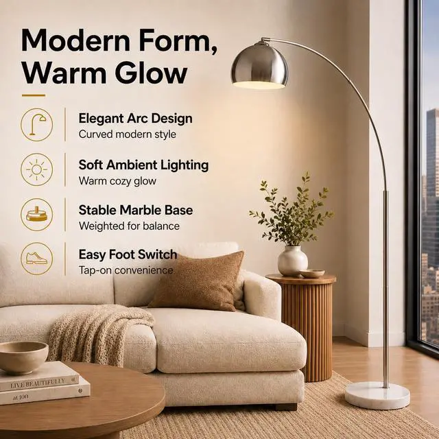 Alt view image 2 of 6 - Arquer 68.1" Arc Floor Lamp for Living Rooms, Home Offices, Dining Rooms, Bedrooms with Faux White Marble Base and Nickel Bell Shade
