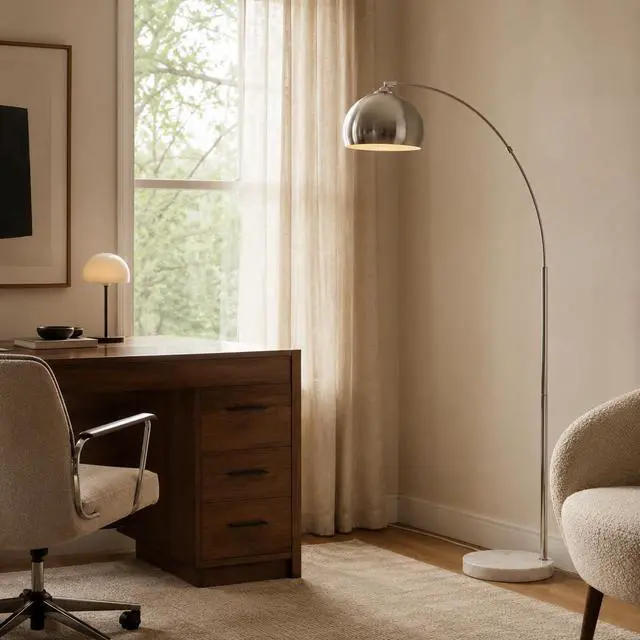 Alt view image 3 of 6 - Arquer 68.1" Arc Floor Lamp for Living Rooms, Home Offices, Dining Rooms, Bedrooms with Faux White Marble Base and Nickel Bell Shade