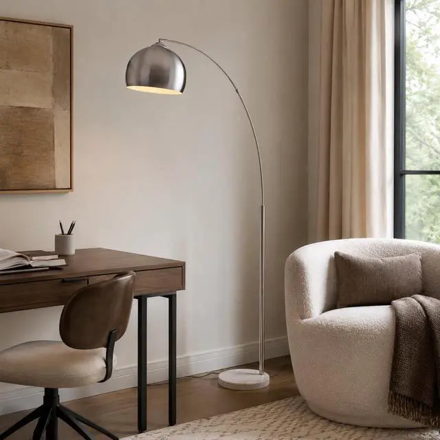 Alt view image 4 of 6 - Arquer 68.1" Arc Floor Lamp for Living Rooms, Home Offices, Dining Rooms, Bedrooms with Faux White Marble Base and Nickel Bell Shade