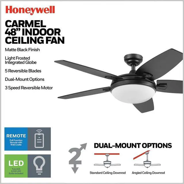 Alt view image 2 of 6 - Ceiling Fans Carmel, 48 Inch Contemporary Indoor LED Ceiling Fan with Light, Remote Control, Dual Mounting Options, Dual Finish Blades, Reversible Motor - 51912-01 (Black)