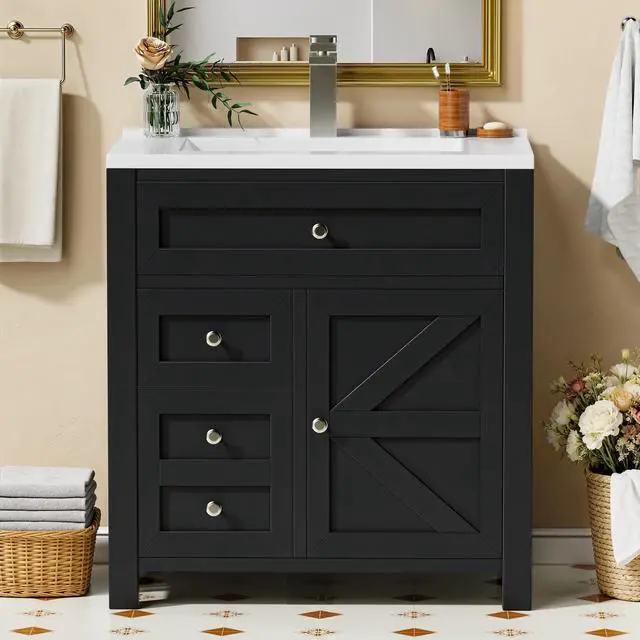 Main image of 30" Bathroom Vanity with Sink, Bathroom Storage Vanity Sink Cabinet with 2 Doors & 1 Drawer Space, Farmhouse Wooden Free Standing Bathroom Cabinet with Sink Combo, Easy Assembly (Black)