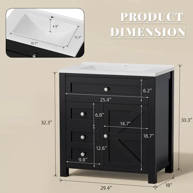 Alt view image 2 of 6 - 30" Bathroom Vanity with Sink, Bathroom Storage Vanity Sink Cabinet with 2 Doors & 1 Drawer Space, Farmhouse Wooden Free Standing Bathroom Cabinet with Sink Combo, Easy Assembly (Black)
