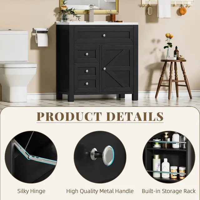Alt view image 3 of 6 - 30" Bathroom Vanity with Sink, Bathroom Storage Vanity Sink Cabinet with 2 Doors & 1 Drawer Space, Farmhouse Wooden Free Standing Bathroom Cabinet with Sink Combo, Easy Assembly (Black)
