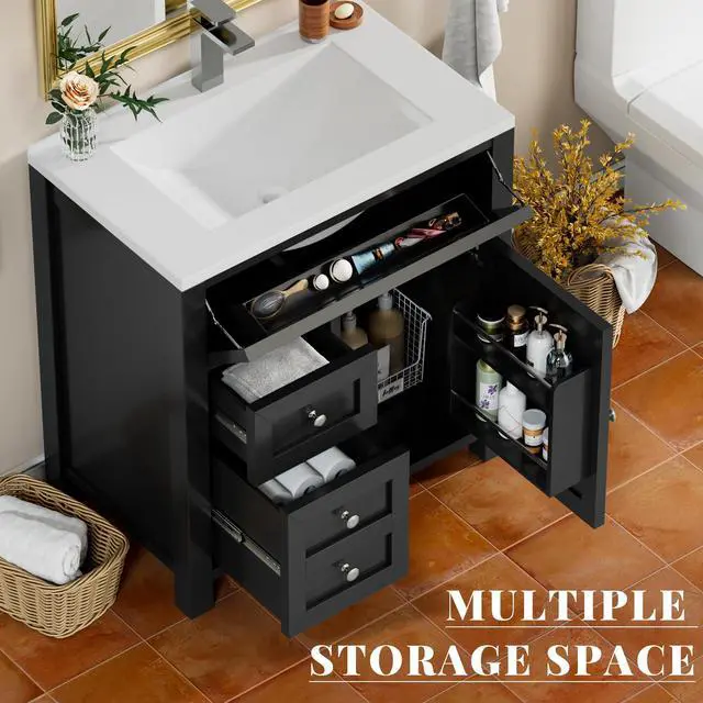 Alt view image 4 of 6 - 30" Bathroom Vanity with Sink, Bathroom Storage Vanity Sink Cabinet with 2 Doors & 1 Drawer Space, Farmhouse Wooden Free Standing Bathroom Cabinet with Sink Combo, Easy Assembly (Black)