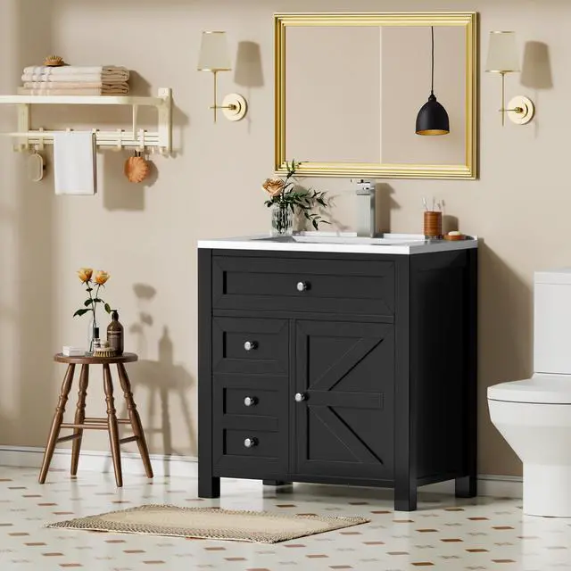 Alt view image 5 of 6 - 30" Bathroom Vanity with Sink, Bathroom Storage Vanity Sink Cabinet with 2 Doors & 1 Drawer Space, Farmhouse Wooden Free Standing Bathroom Cabinet with Sink Combo, Easy Assembly (Black)