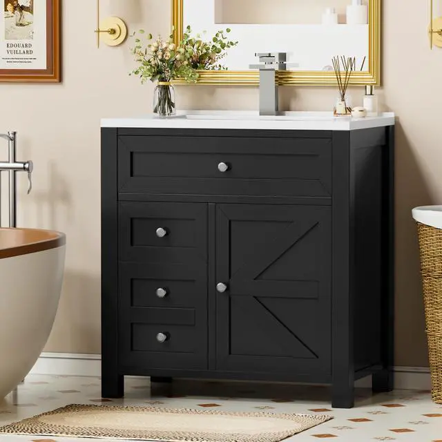 Alt view image 6 of 6 - 30" Bathroom Vanity with Sink, Bathroom Storage Vanity Sink Cabinet with 2 Doors & 1 Drawer Space, Farmhouse Wooden Free Standing Bathroom Cabinet with Sink Combo, Easy Assembly (Black)
