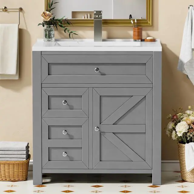 Main image of 30" Bathroom Vanity with Sink, Bathroom Storage Vanity Sink Cabinet with 2 Doors & 1 Drawer Space, Farmhouse Wooden Free Standing Bathroom Cabinet with Sink Combo, Easy Assembly (Grey)