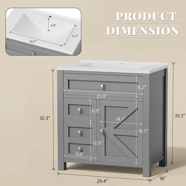 Alt view image 2 of 6 - 30" Bathroom Vanity with Sink, Bathroom Storage Vanity Sink Cabinet with 2 Doors & 1 Drawer Space, Farmhouse Wooden Free Standing Bathroom Cabinet with Sink Combo, Easy Assembly (Grey)