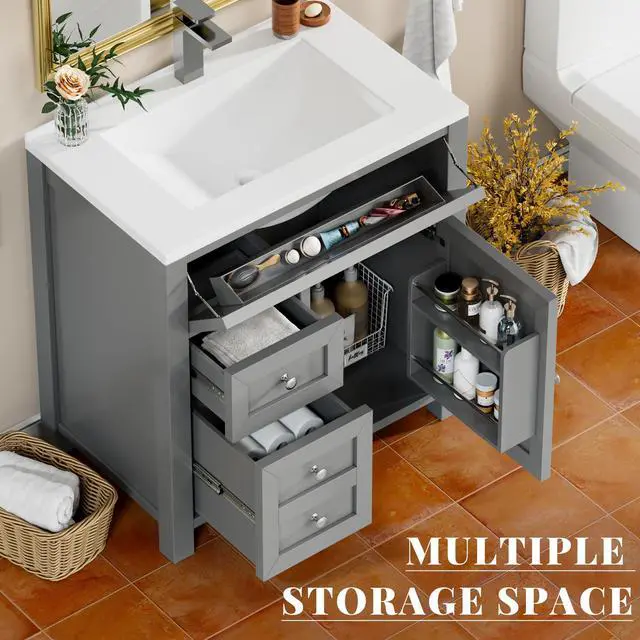 Alt view image 3 of 6 - 30" Bathroom Vanity with Sink, Bathroom Storage Vanity Sink Cabinet with 2 Doors & 1 Drawer Space, Farmhouse Wooden Free Standing Bathroom Cabinet with Sink Combo, Easy Assembly (Grey)