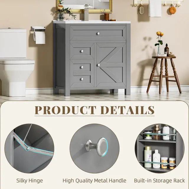 Alt view image 4 of 6 - 30" Bathroom Vanity with Sink, Bathroom Storage Vanity Sink Cabinet with 2 Doors & 1 Drawer Space, Farmhouse Wooden Free Standing Bathroom Cabinet with Sink Combo, Easy Assembly (Grey)