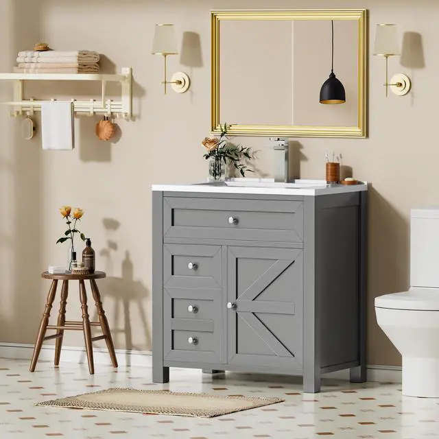 Alt view image 5 of 6 - 30" Bathroom Vanity with Sink, Bathroom Storage Vanity Sink Cabinet with 2 Doors & 1 Drawer Space, Farmhouse Wooden Free Standing Bathroom Cabinet with Sink Combo, Easy Assembly (Grey)