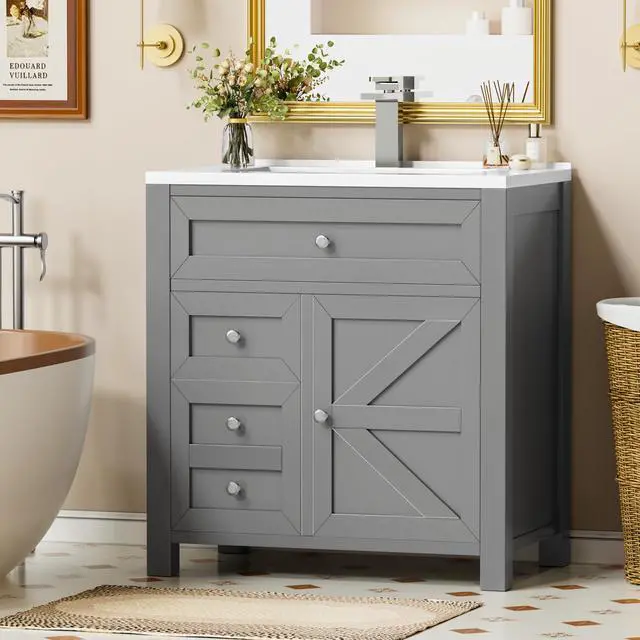 Alt view image 6 of 6 - 30" Bathroom Vanity with Sink, Bathroom Storage Vanity Sink Cabinet with 2 Doors & 1 Drawer Space, Farmhouse Wooden Free Standing Bathroom Cabinet with Sink Combo, Easy Assembly (Grey)