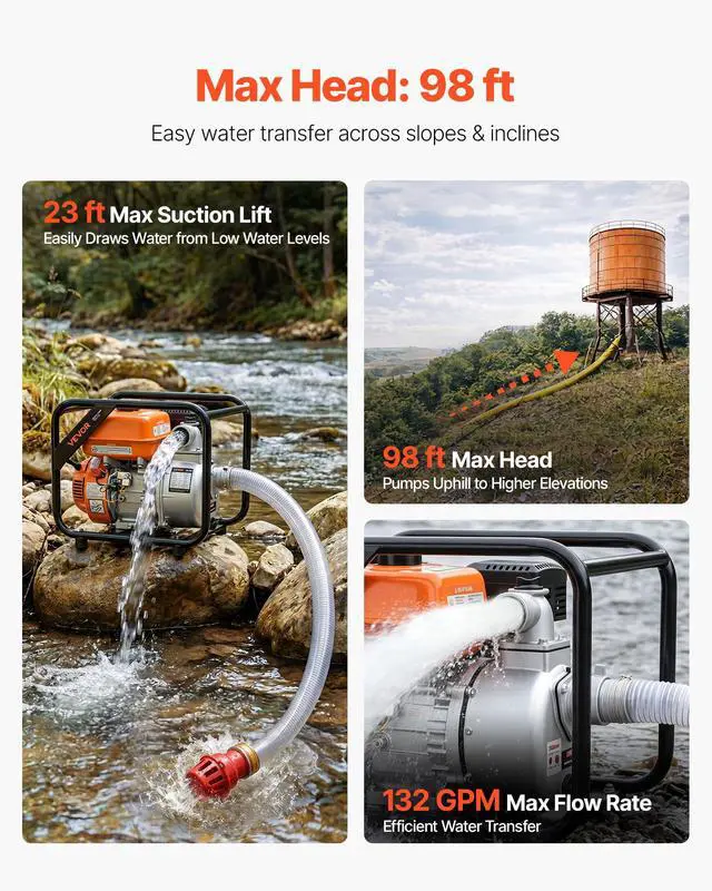 Alt view image 3 of 6 - Gas Powered Water Pump, 2 in, 132 GPM 7HP Semi Trash Water Transfer Pump Portable, Gasoline Engine with 25 ft Discharge Hose, Heavy Duty Frame, Cast Iron Impeller, for Irrigation, Ponds, Pools