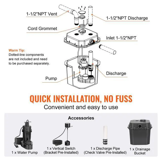Alt view image 6 of 6 - Utility Sink Pump, 1/3 HP, 120-Volt, 2900 GPH Flow, 25 ft Head, Under-Sink Sump Pump System with 6 Gallon Basin, for Automatic Utility/Laundry, Drain Pump with 1-1/2" NPT Outlet, Black