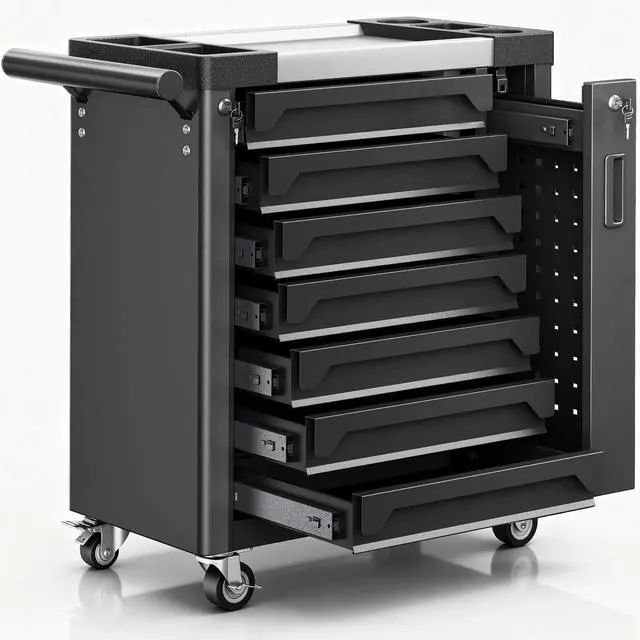 Main image of 7-Drawer Rolling Tool Chest, Tool Box Lockable Metal Tool Cabinet with Side Storage Cabinet, Ball Bearing Slides Steel Organizer,Heavy-Duty Powder-Coated Tool Cart for Garage Workshope, Black