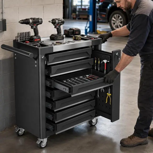 Alt view image 2 of 6 - 7-Drawer Rolling Tool Chest, Tool Box Lockable Metal Tool Cabinet with Side Storage Cabinet, Ball Bearing Slides Steel Organizer,Heavy-Duty Powder-Coated Tool Cart for Garage Workshope, Black