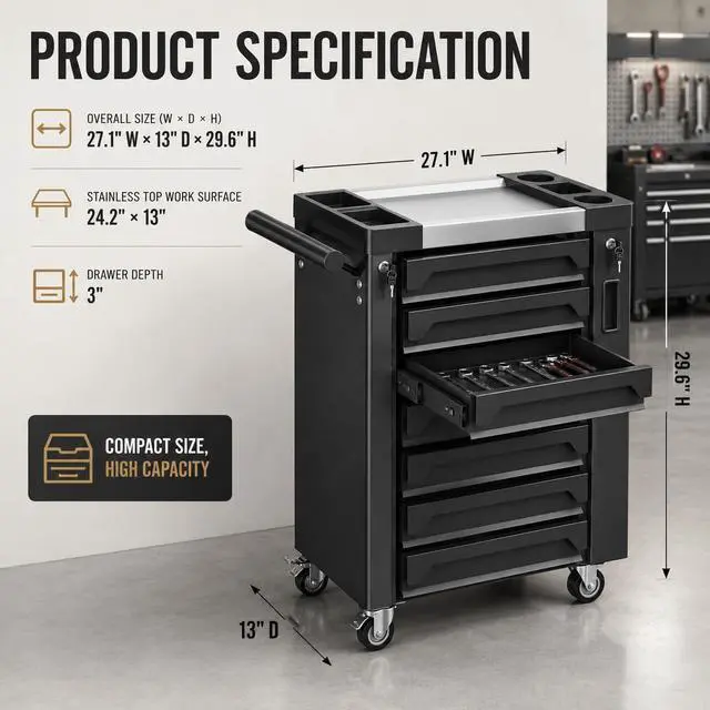 Alt view image 3 of 6 - 7-Drawer Rolling Tool Chest, Tool Box Lockable Metal Tool Cabinet with Side Storage Cabinet, Ball Bearing Slides Steel Organizer,Heavy-Duty Powder-Coated Tool Cart for Garage Workshope, Black