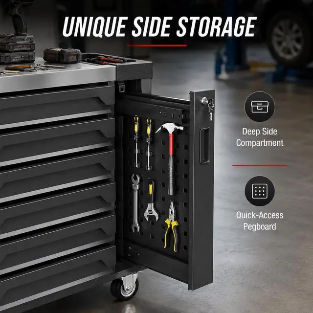 Alt view image 4 of 6 - 7-Drawer Rolling Tool Chest, Tool Box Lockable Metal Tool Cabinet with Side Storage Cabinet, Ball Bearing Slides Steel Organizer,Heavy-Duty Powder-Coated Tool Cart for Garage Workshope, Black