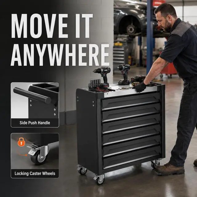 Alt view image 6 of 6 - 7-Drawer Rolling Tool Chest, Tool Box Lockable Metal Tool Cabinet with Side Storage Cabinet, Ball Bearing Slides Steel Organizer,Heavy-Duty Powder-Coated Tool Cart for Garage Workshope, Black