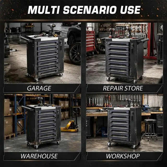 Alt view image 6 of 6 - 7-Drawer Rolling Tool Chest, Tool Box Lockable Metal Tool Cabinet with Side Storage Cabinet, Ball Bearing Slides Steel Organizer,Heavy-Duty Powder-Coated Tool Cart for Garage Workshope, Grey