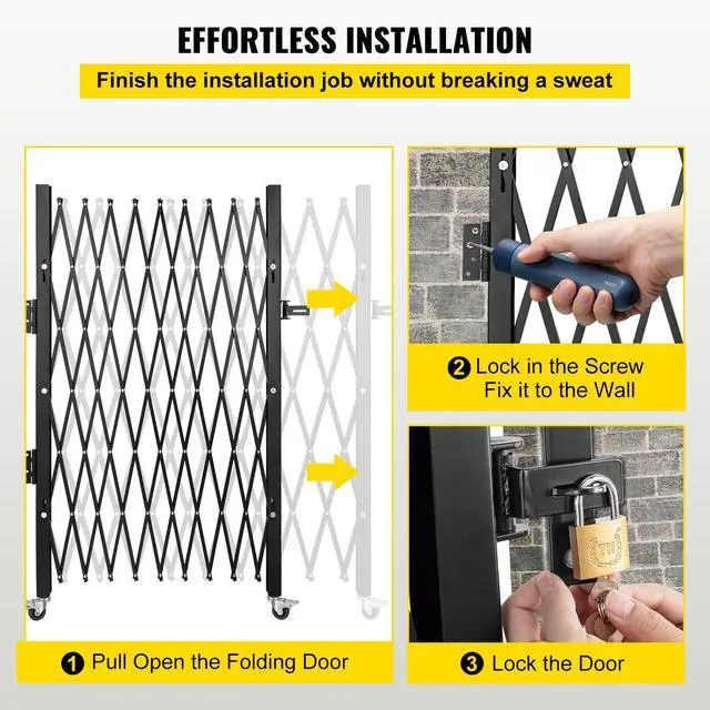 Alt view image 6 of 6 - Single Folding Security Gate, 7.25 ft H x 7.8 ft W Folding Door Gate, Steel Accordion Security Gate, Flexible Expanding Security Gate, 360° Rolling Barricade Gate, Scissor Gate/Door with Padlock