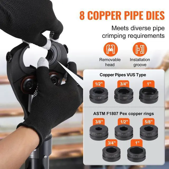 Alt view image 3 of 6 - Copper Pipe Crimping Tool, Hydraulic Driven Press Tool with 1/2", 3/4", 1" Jaws for VUS Type Copper Pipes and 3/8", 1/2", 5/8", 3/4", 1" Jaws for ASTM F1807 Pex Pipe Copper Ring