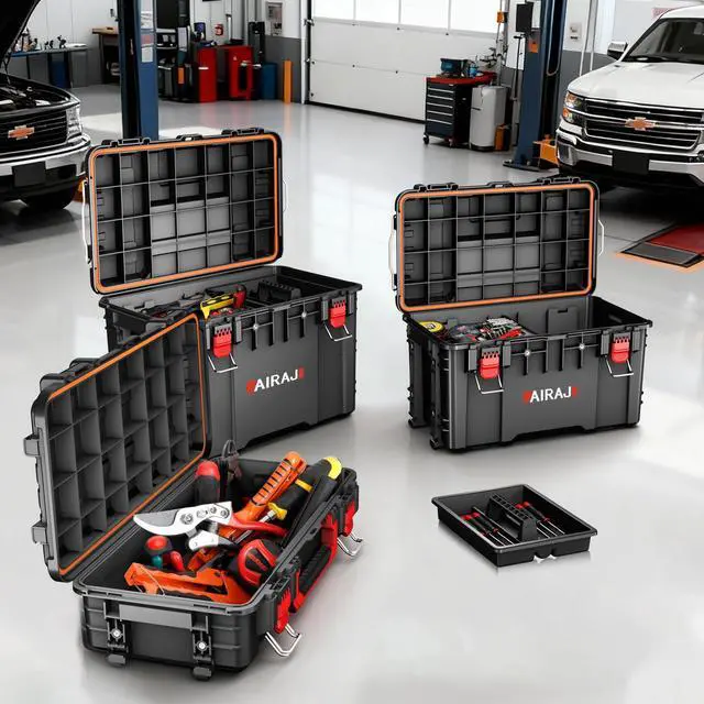 Alt view image 2 of 6 - Rolling Tool Box with Wheels Heavy Duty,Modular Stackable Tool Box Organizer,Waterproof Toolbox for Hand/Power Tools,Removable Divider/Parts Box,All-terrain Durable Wheels,Telescopic Pull Rod Handle