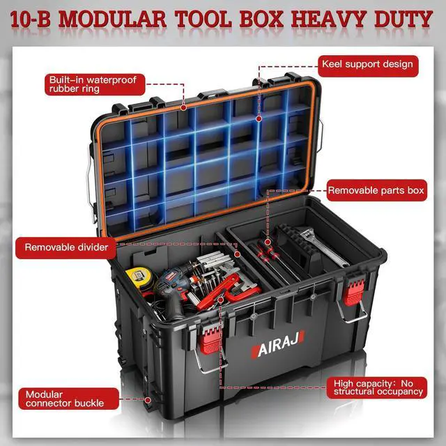 Alt view image 5 of 6 - Rolling Tool Box with Wheels Heavy Duty,Modular Stackable Tool Box Organizer,Waterproof Toolbox for Hand/Power Tools,Removable Divider/Parts Box,All-terrain Durable Wheels,Telescopic Pull Rod Handle
