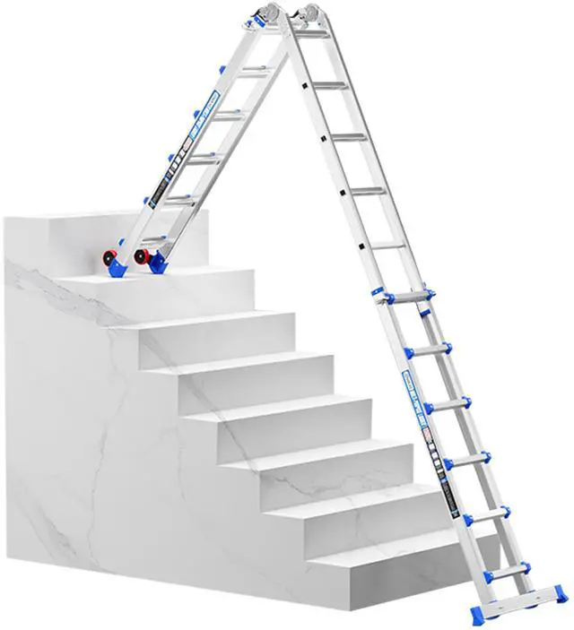 Main image of 20 FT Multi-Position Telescoping Ladder with Wheels, Blue | 5-in-1 modes, aluminum alloy frame, locking hinges, wide stabilizer bar, compact fold for roofline and exterior work