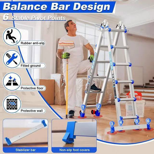 Alt view image 3 of 6 - 20 FT Multi-Position Telescoping Ladder with Wheels, Blue | 5-in-1 modes, aluminum alloy frame, locking hinges, wide stabilizer bar, compact fold for roofline and exterior work