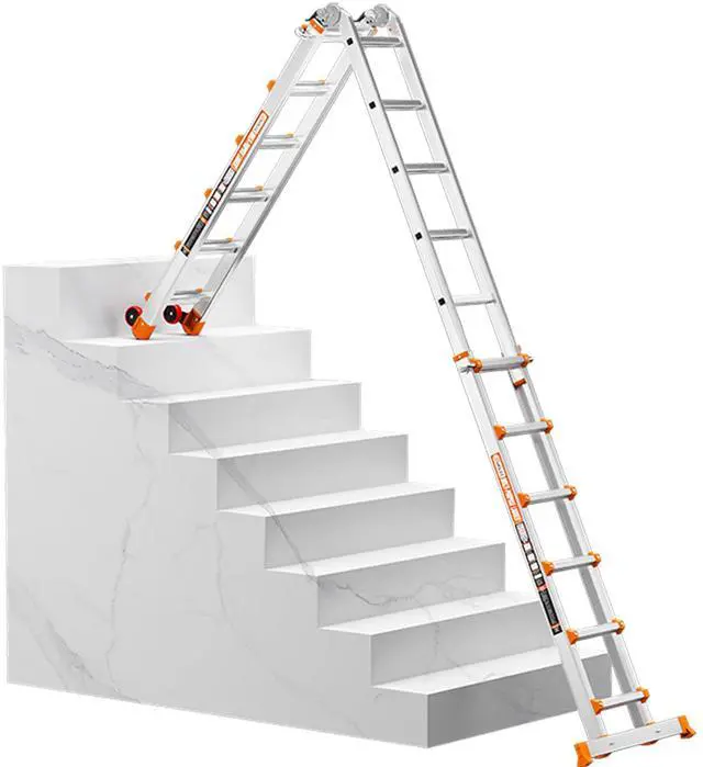 Main image of 20 FT Multi-Position Telescoping Ladder with Wheels, Orange | 5-in-1 modes, aluminum alloy frame, locking hinges, wide stabilizer bar, compact fold for roofline and exterior work