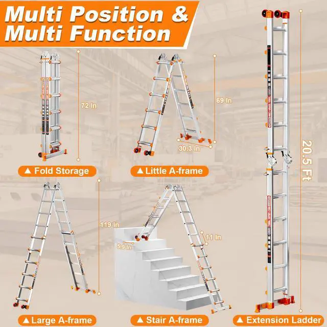 Alt view image 2 of 6 - 20 FT Multi-Position Telescoping Ladder with Wheels, Orange | 5-in-1 modes, aluminum alloy frame, locking hinges, wide stabilizer bar, compact fold for roofline and exterior work